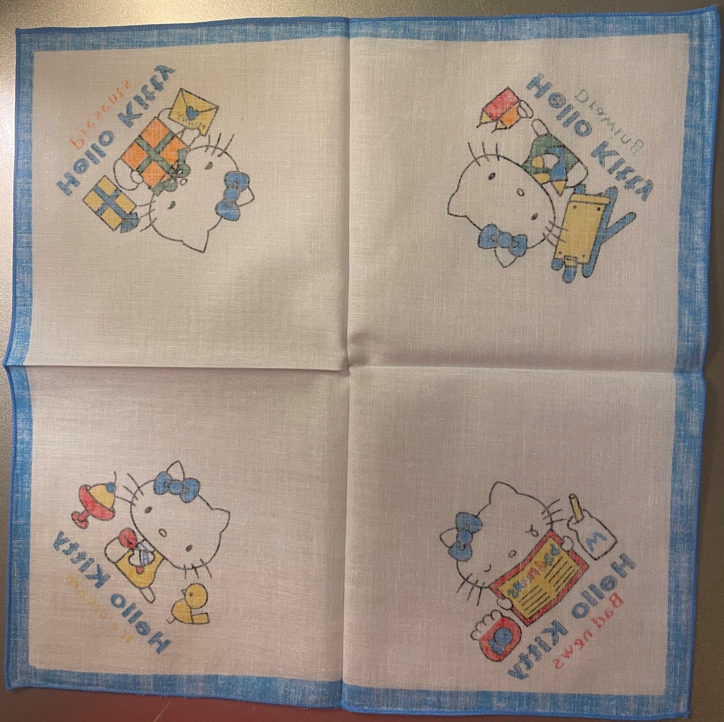 Vintage 1980s Hello Kitty Cotton Napkin Handkerchief 🎀 Blue - Sanrio Japan NOS