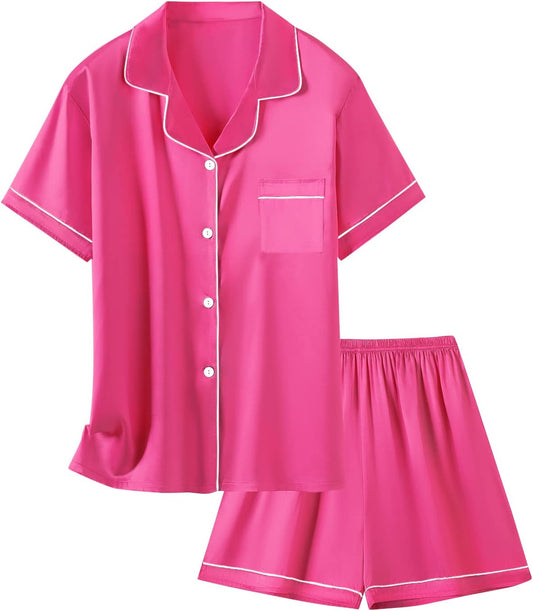 Girls Womens Pajamas, Satin Silky Pjs Set Kids 2Pcs Button-Down Nightwear Sleepwear Gift for Mommy and Me