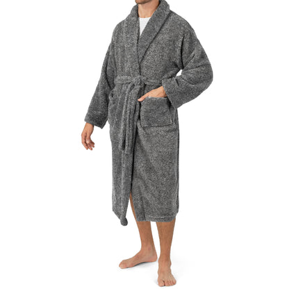 Mens Soft Robe, Plush Fluffy Fleece Bathrobe for Men, Long Sherpa Spa Robe with Shawl Collar (Heather Gray,S/M)
