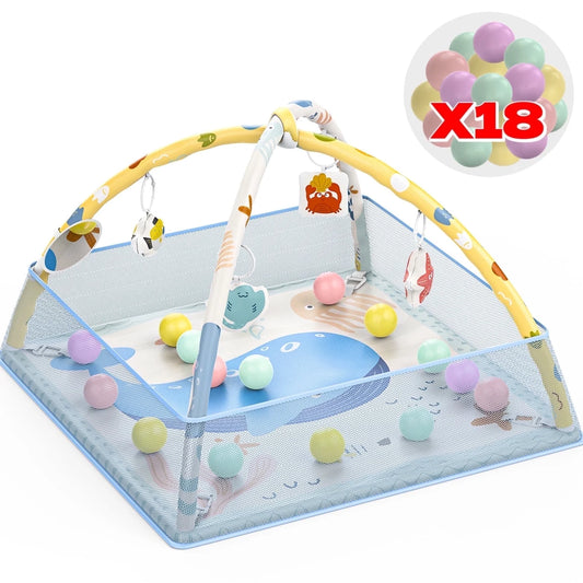 5-In-1 Baby Gym & Play Mat, Tummy Time Toys with Sensory Toys & 18 Balls for Newborns and Infants 0-12 Months, Whale