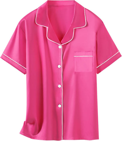 Girls Womens Pajamas, Satin Silky Pjs Set Kids 2Pcs Button-Down Nightwear Sleepwear Gift for Mommy and Me