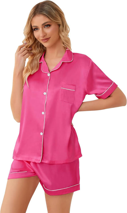 Girls Womens Pajamas, Satin Silky Pjs Set Kids 2Pcs Button-Down Nightwear Sleepwear Gift for Mommy and Me
