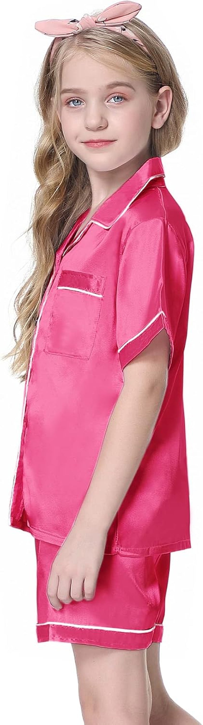 Girls Womens Pajamas, Satin Silky Pjs Set Kids 2Pcs Button-Down Nightwear Sleepwear Gift for Mommy and Me
