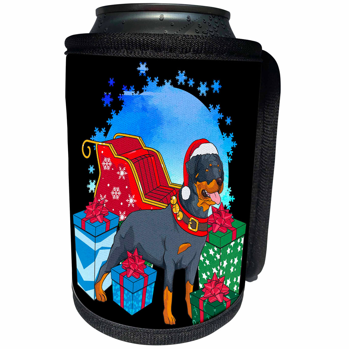 3dRose Rottweiler Dog with Christmas Gifts for Xmas Season - Can Cooler Bottle Wrap (cc_326467)
