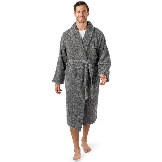 Mens Soft Robe, Plush Fluffy Fleece Bathrobe for Men, Long Sherpa Spa Robe with Shawl Collar (Heather Gray,S/M)