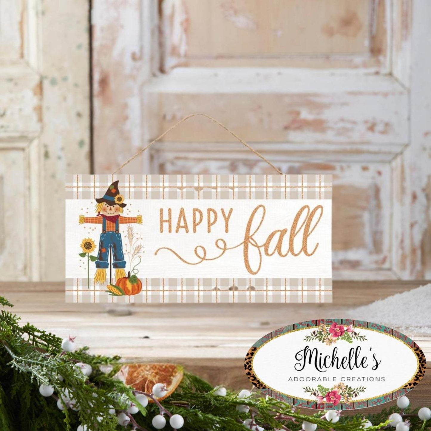 12" Wooden Sign: Happy Fall Scarecrow