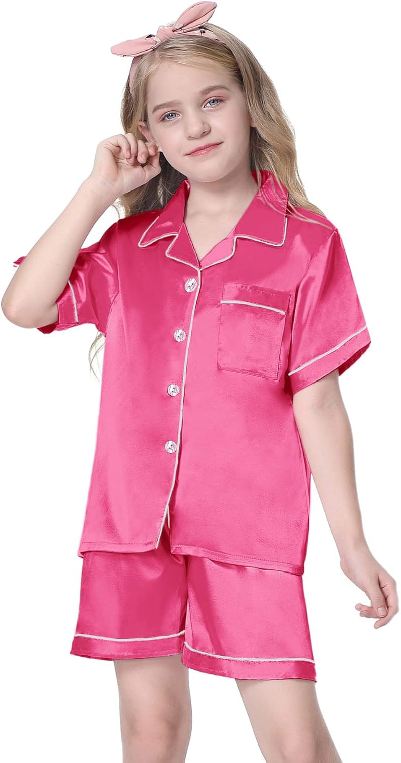 Girls Womens Pajamas, Satin Silky Pjs Set Kids 2Pcs Button-Down Nightwear Sleepwear Gift for Mommy and Me