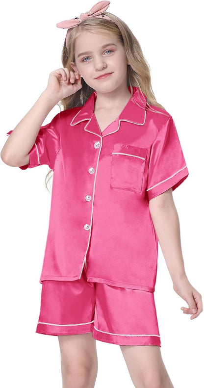 Girls Womens Pajamas, Satin Silky Pjs Set Kids 2Pcs Button-Down Nightwear Sleepwear Gift for Mommy and Me