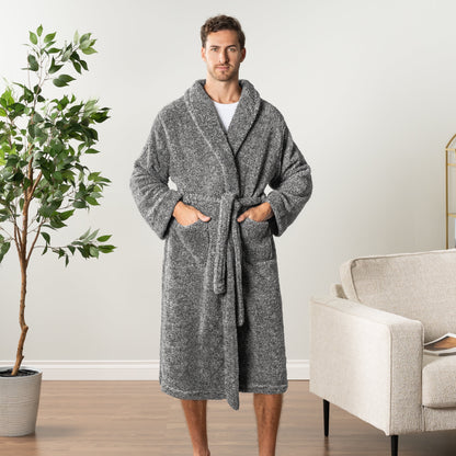 Mens Soft Robe, Plush Fluffy Fleece Bathrobe for Men, Long Sherpa Spa Robe with Shawl Collar (Heather Gray,S/M)